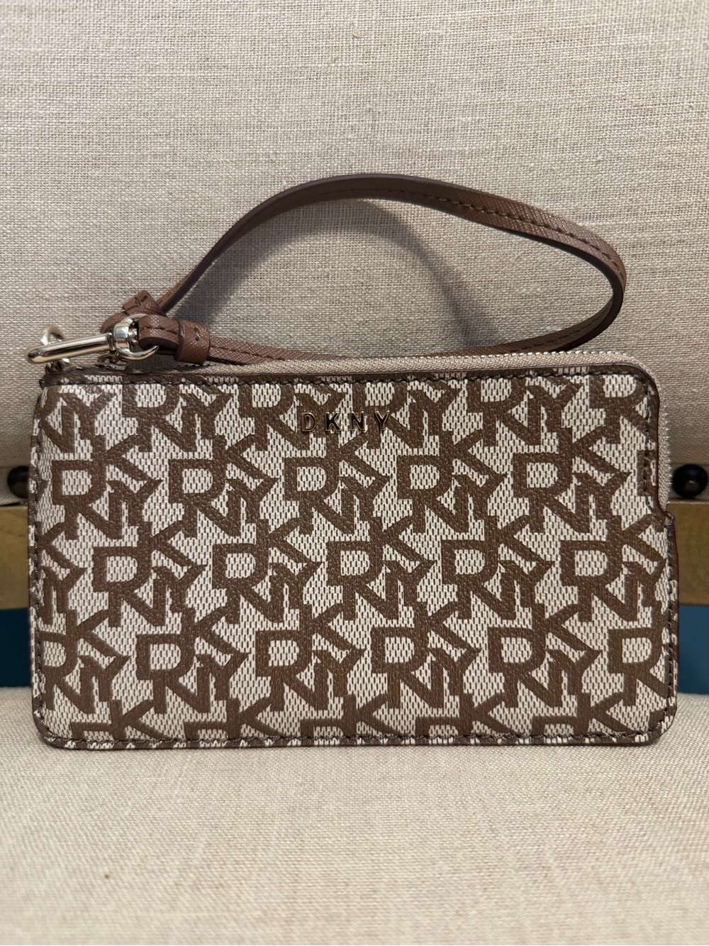 DKNY Small Brown & Cream Monogram Wristlet